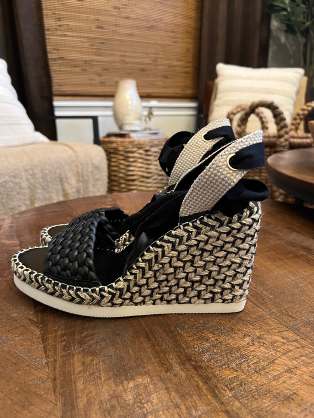 Vince Camuto Black and Cream Woven Espadrille Wedge Sandals with Ankle Ties - Picture 4 of 5